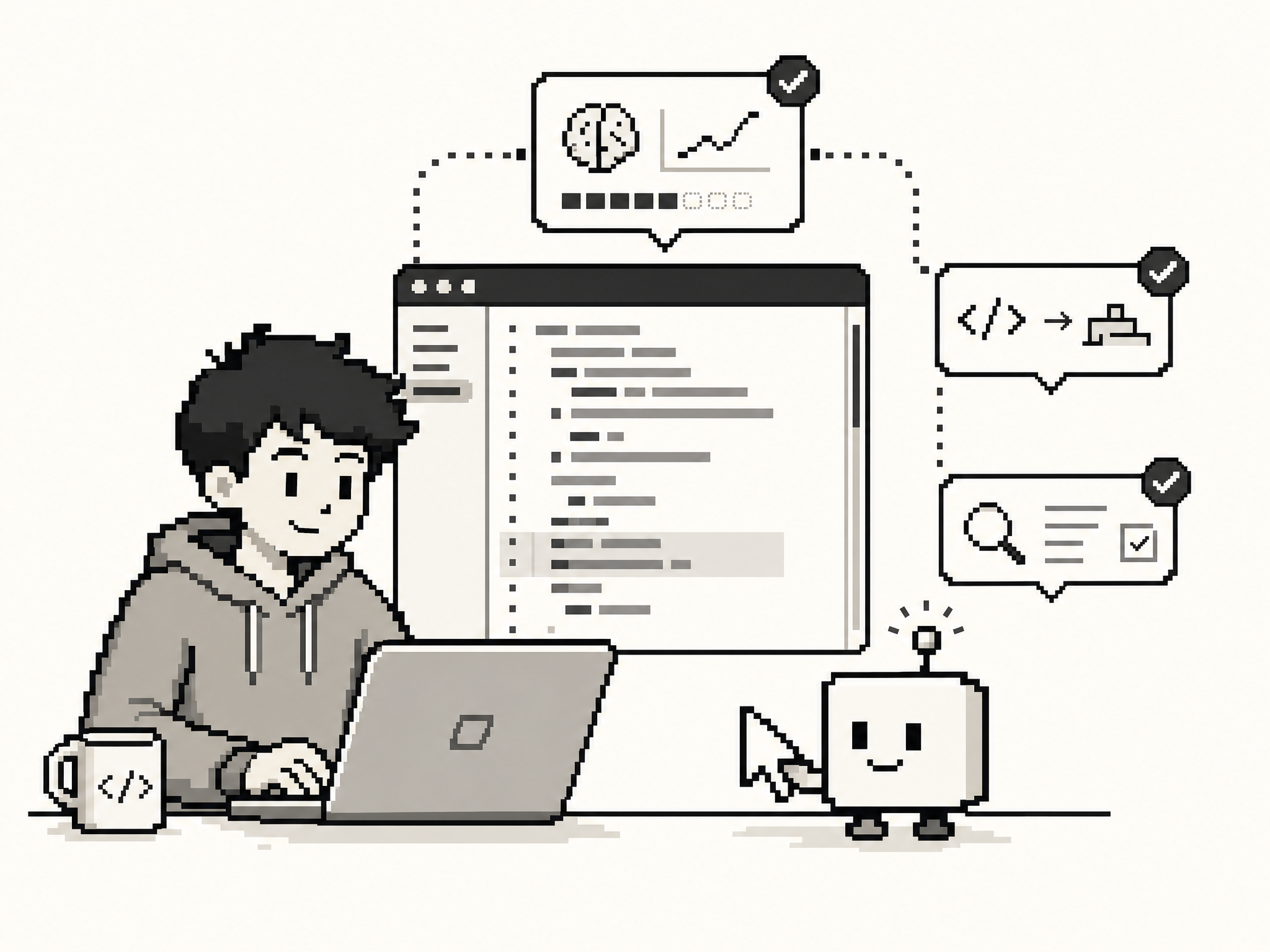 Pixel illustration of planning, prediction, code writing, and debugging moments.